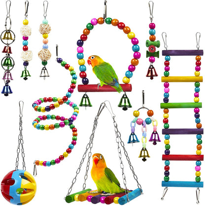 Parrot Combination Toy 10-Piece Set Wooden Bead Rotating Ladder Swing Stand Wooden Ladder Sepak Takraw Chewing Toy ihawk.store
