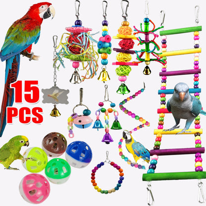 Parrot Combination Toy 10-Piece Set Wooden Bead Rotating Ladder Swing Stand Wooden Ladder Sepak Takraw Chewing Toy ihawk.store