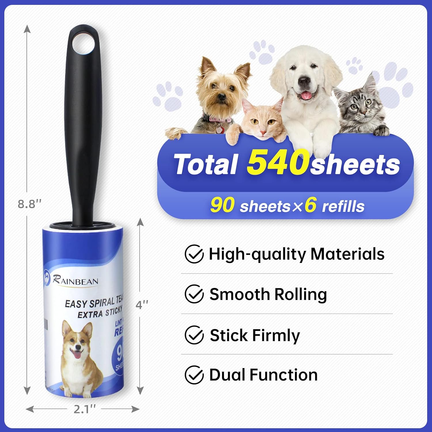 RAINBEAN Lint Rollers For Pet Hair Extra Sticky, 540 Sheets 6 Refills Lint Roller With 2 Upgrade Handles, Portable Lint Remover Brush Pet Hair Remover For Dog Cat Hair Removal, Clothes, Furniture 1